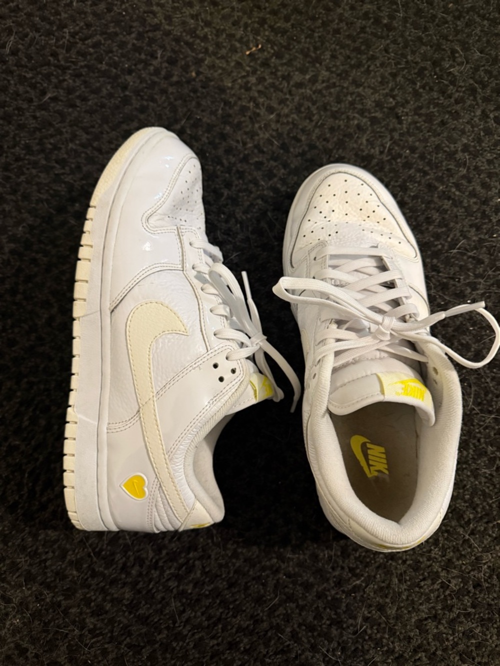 Nike White Low-Top Sneakers with Yellow Accents and Heart Detail